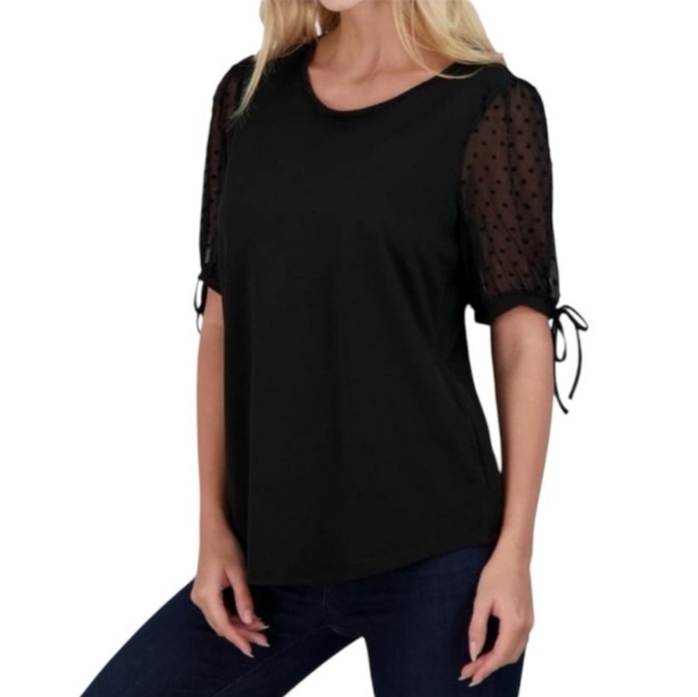 ADRIANNA PAPELL Sheer Swiss Dot Short Sleeve Top Size Small
